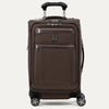 Front view of Travelpross Platinum Elite Carry-On Spinner in Rich Espresso, with dual front zippered pockets, spinner wheels, and telescoping handle.
