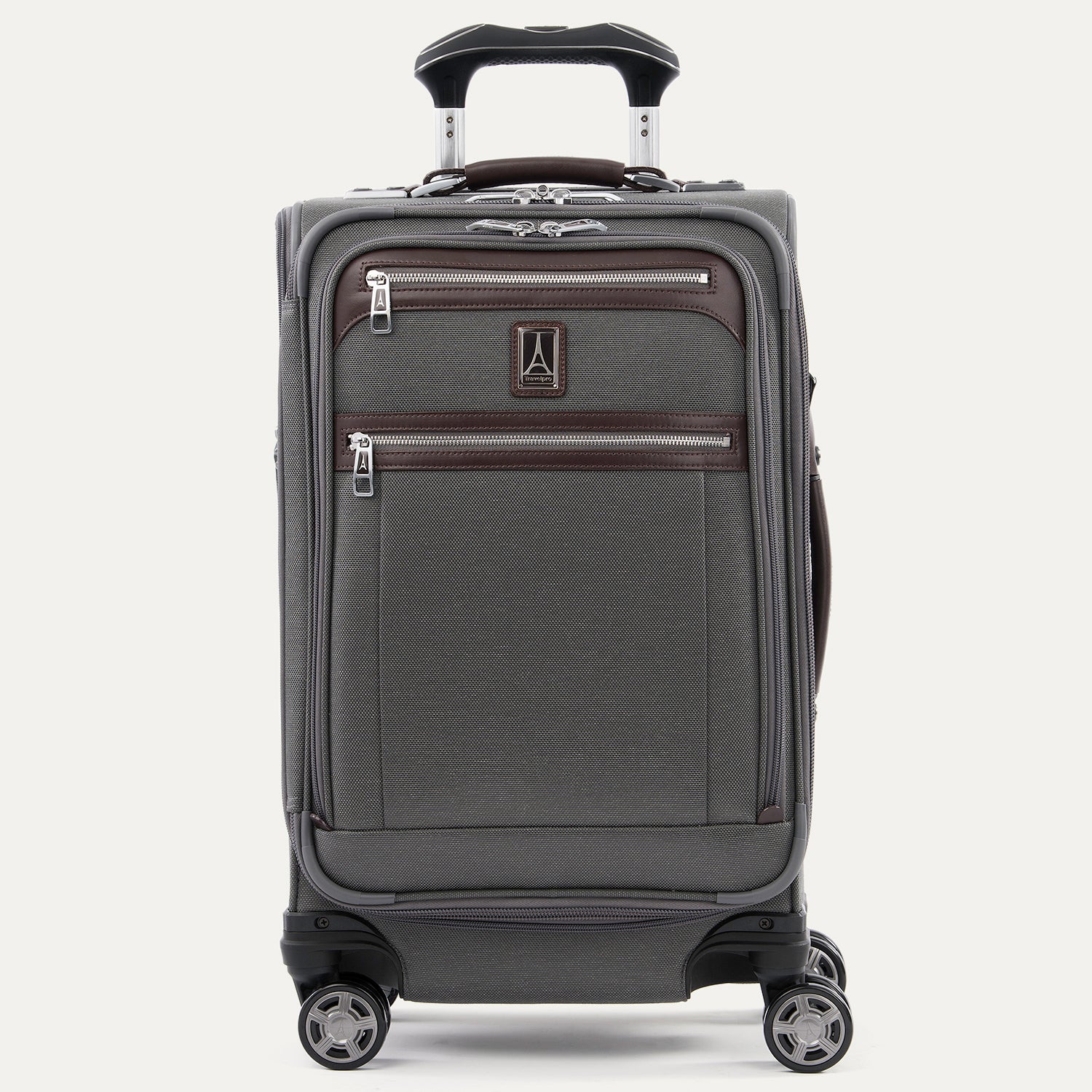 Front view of Travelpross Platinum Elite Carry-On Spinner in Vintage Gray, with contrast trim, dual zippered pockets, spinner wheels, and telescoping handle.
