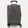 Front view of Travelpross Platinum Elite Carry-On Spinner in Vintage Gray, with contrast trim, dual zippered pockets, spinner wheels, and telescoping handle.
