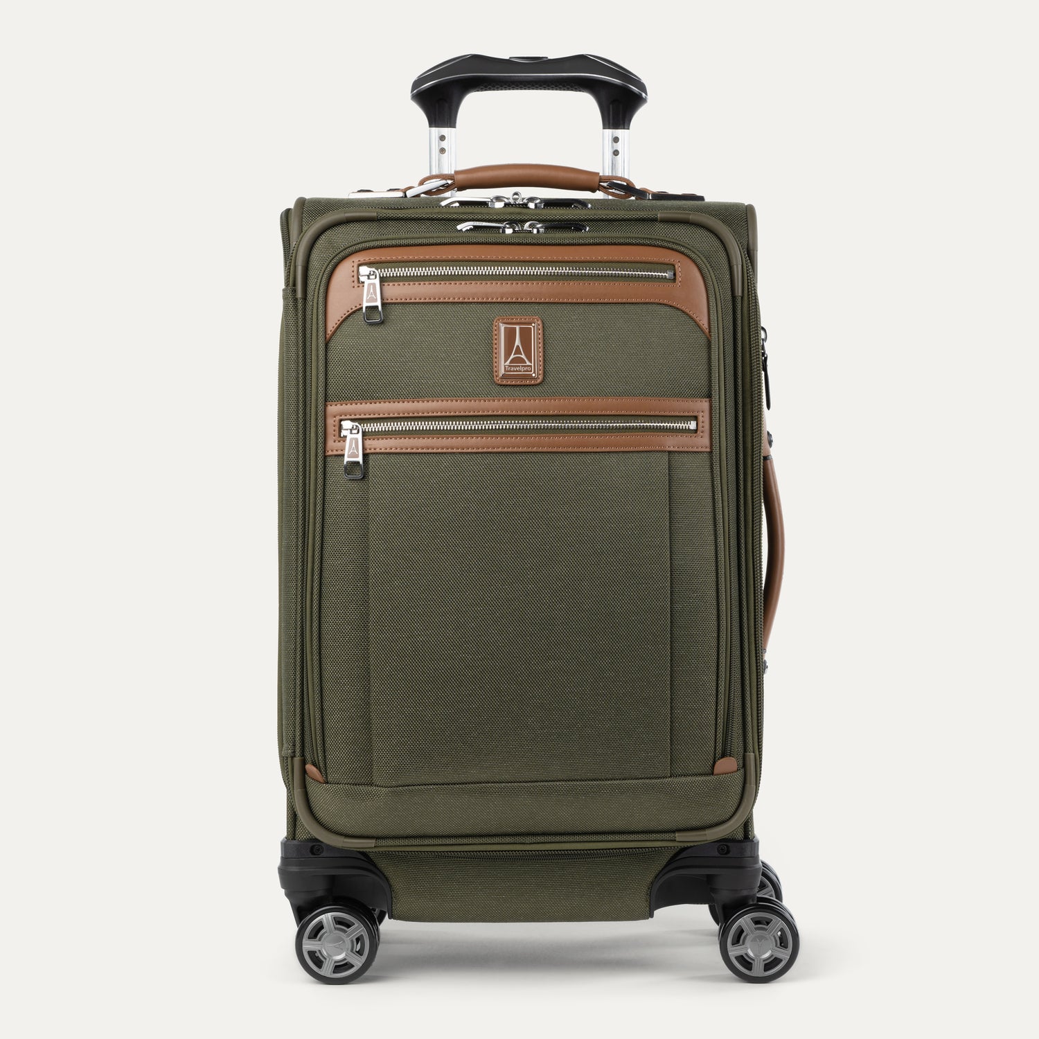 Front view of Travelpross Platinum Elite Carry-On Spinner in Olive Green, with dual front zippered pockets, contrast trim, spinner wheels, and telescoping handle.
