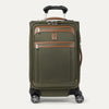 Front view of Travelpross Platinum Elite Carry-On Spinner in Olive Green, with dual front zippered pockets, contrast trim, spinner wheels, and telescoping handle.
