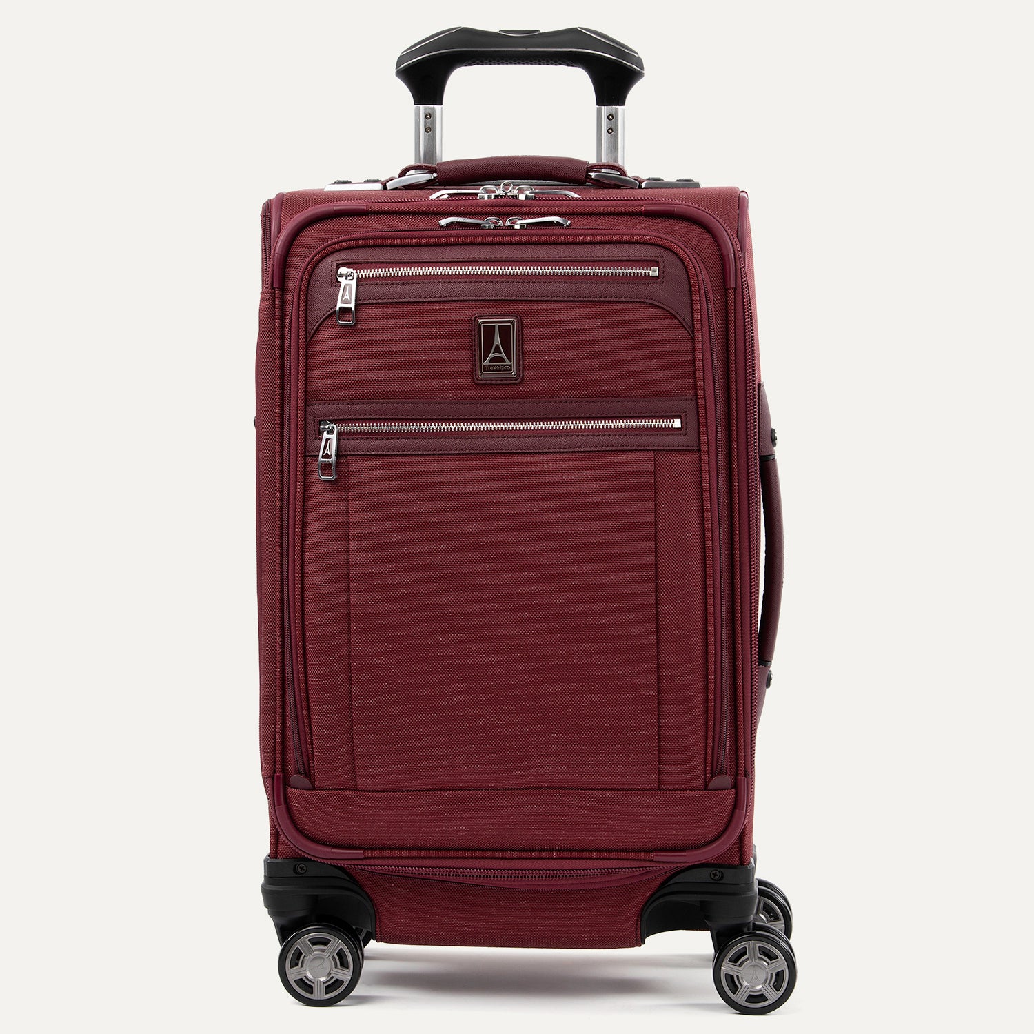 Front view of Travelpross Platinum Elite Carry-On Spinner in Bordeaux, with dual exterior zippered pockets and PowerScope Extension Handle.
