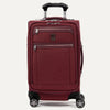 Front view of Travelpross Platinum Elite Carry-On Spinner in Bordeaux, with dual exterior zippered pockets and PowerScope Extension Handle.
