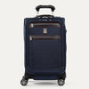 Front view of Travelpross Platinum Elite International Carry-On Spinner in True Navy, with leather-accented zippered pockets and PowerScope Extension Handle.
