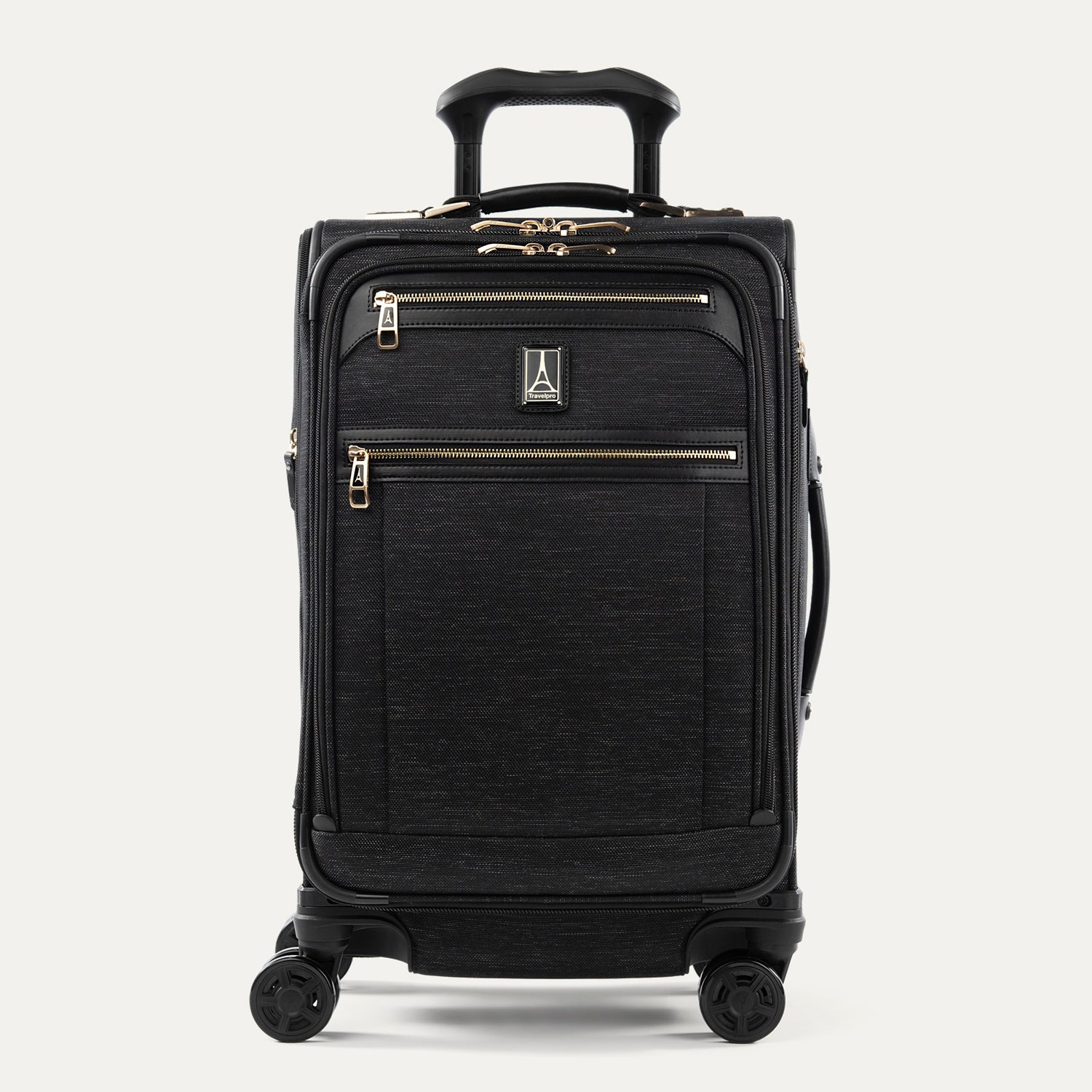 Front view of Travelpross Platinum Elite Carry-On Spinner in Intrigue Black, with two front zippered compartments and a telescoping PowerScope Extension Handle.
