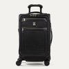 Front view of Travelpross Platinum Elite Carry-On Spinner in Intrigue Black, with two front zippered compartments and a telescoping PowerScope Extension Handle.

