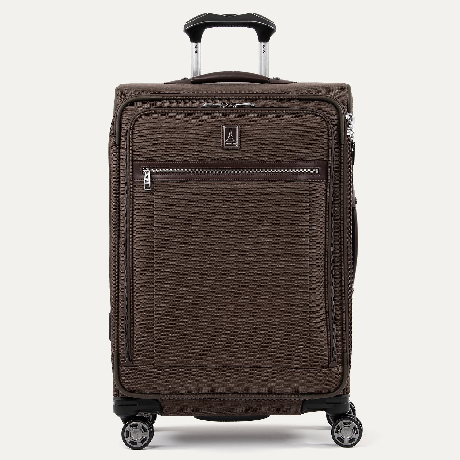 Front view of Travelpross Platinum Elite Medium Check-In Expandable Spinner in Rich Espresso, featuring 360° Spinner Wheels.
