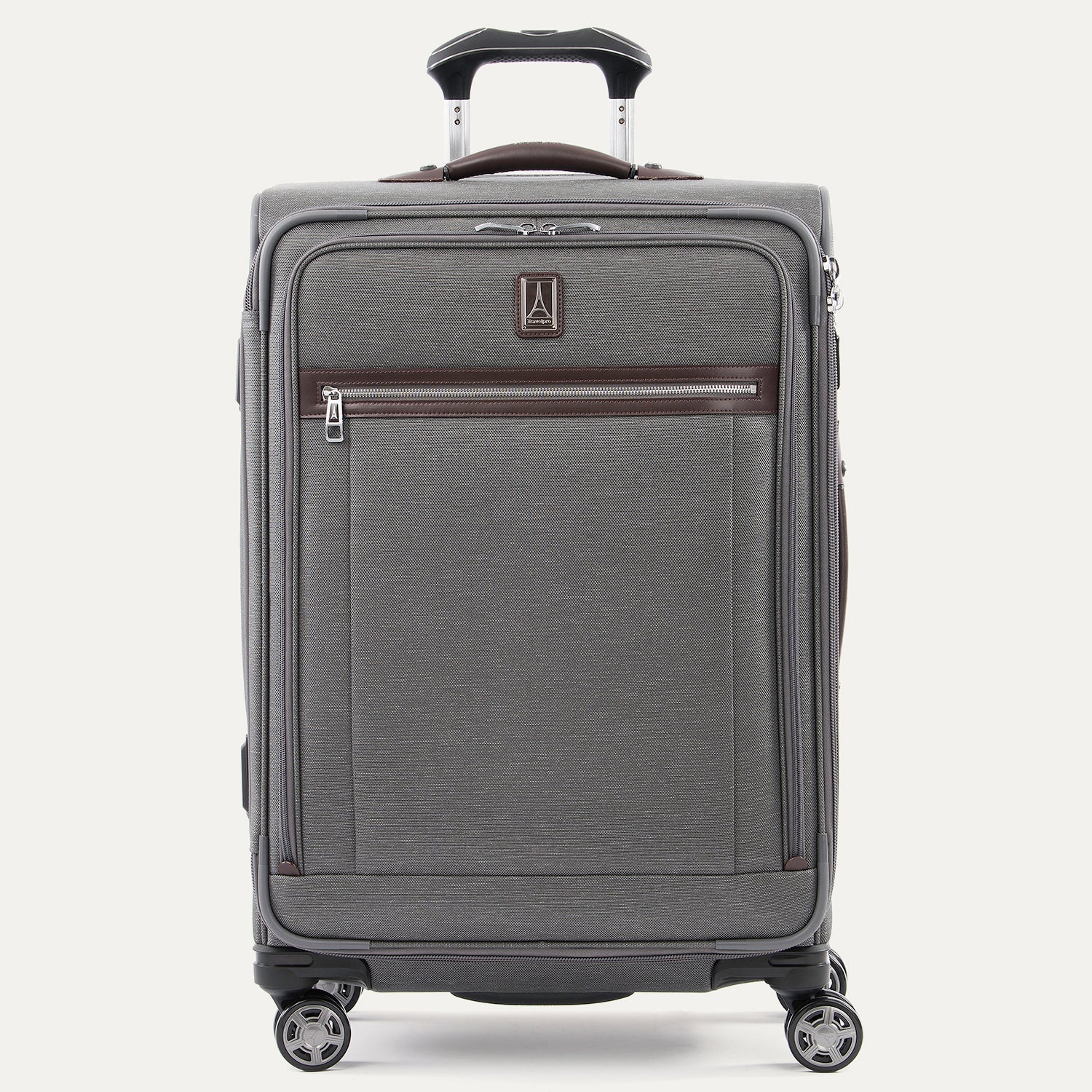 Front-facing Travelpross Platinum Elite Medium Expandable Spinner in Vintage Gray, with leather trim and spinner wheels.
