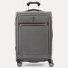Front-facing Travelpross Platinum Elite Medium Expandable Spinner in Vintage Gray, with leather trim and spinner wheels.
