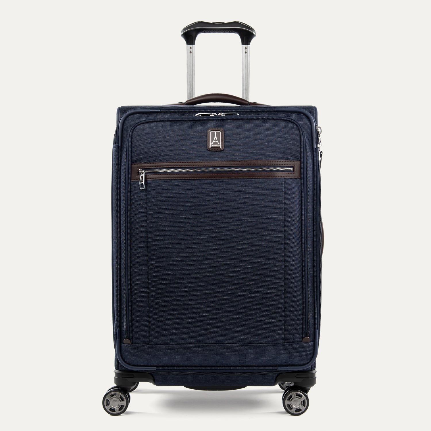 Front view of Travelpross Platinum Elite Medium Check-In Expandable Spinner in True Navy, featuring 360° Spinner Wheels.
