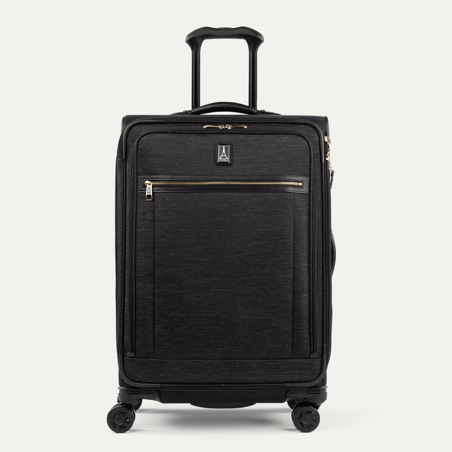 Front view of Travelpross Platinum Elite Carry-On Expandable Spinner in Intrigue Black, featuring 360° Spinner Wheels.
