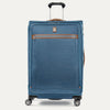 Front-facing Travelpross Platinum Elite Large Expandable Spinner in Coastal Blue, with leather-trimmed exterior zipper pocket.
