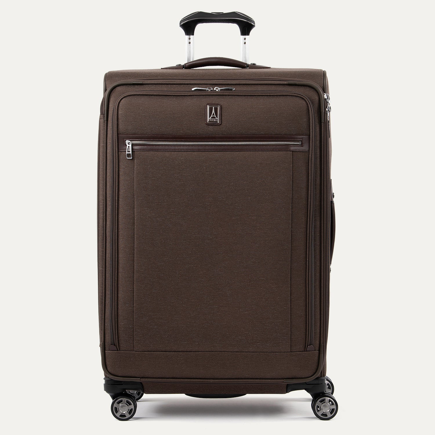 Front view of Travelpross Platinum Elite Large Check-In Expandable Spinner in Rich Espresso, with matching top handle and front zip pocket.
