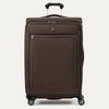 Front view of Travelpross Platinum Elite Large Check-In Expandable Spinner in Rich Espresso, with matching top handle and front zip pocket.
