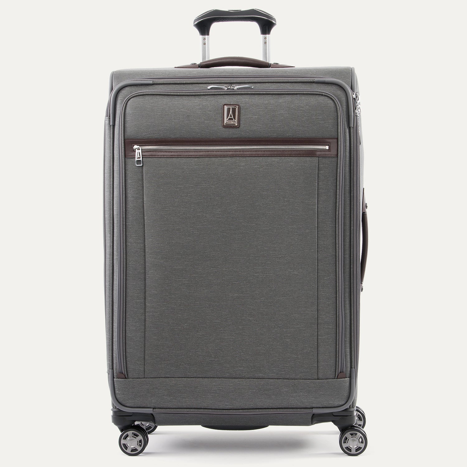 Front view of Travelpross Platinum Elite Large Check-In Expandable Spinner in Vintage Grey, with brown leather top handle and front zip pocket.

