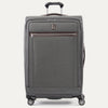 Front view of Travelpross Platinum Elite Large Check-In Expandable Spinner in Vintage Grey, with brown leather top handle and front zip pocket.
