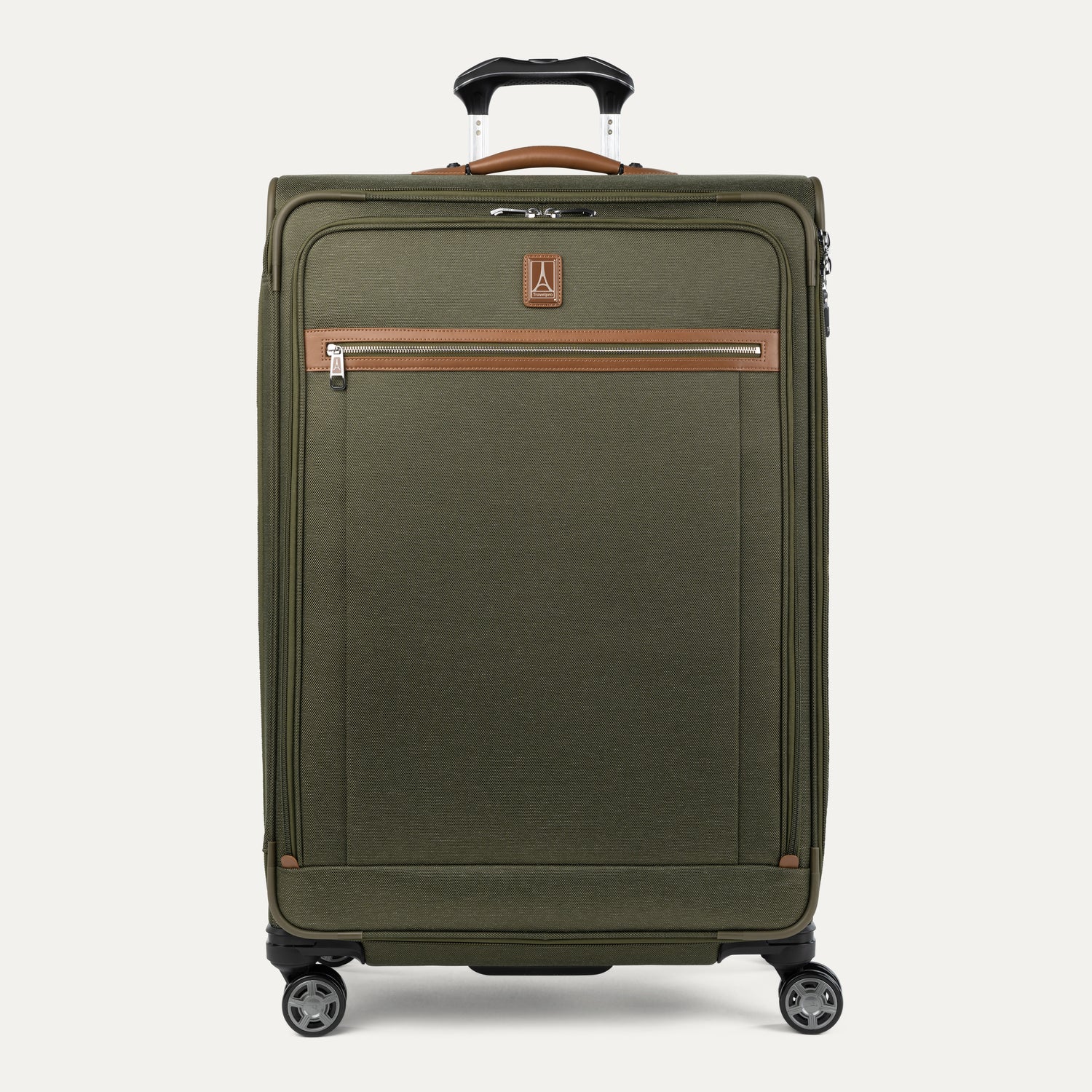 Front view of Travelpross Platinum Elite Large Check-In Expandable Spinner in Olive Green, with full-panel zip pocket and brown leather accents.
