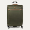 Front view of Travelpross Platinum Elite Large Check-In Expandable Spinner in Olive Green, with full-panel zip pocket and brown leather accents.
