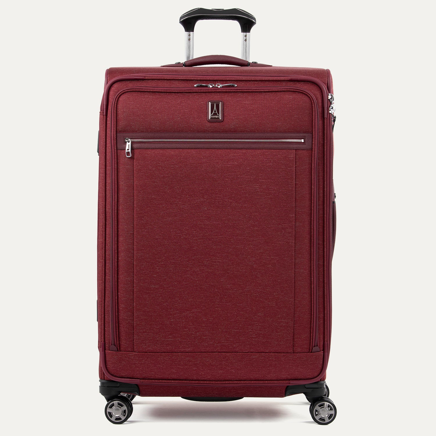 Front view of Travelpross® Platinum Elite Large Check-In Expandable Spinner in Bordeaux, with full-panel zip pocket and silver-tone zippers.
