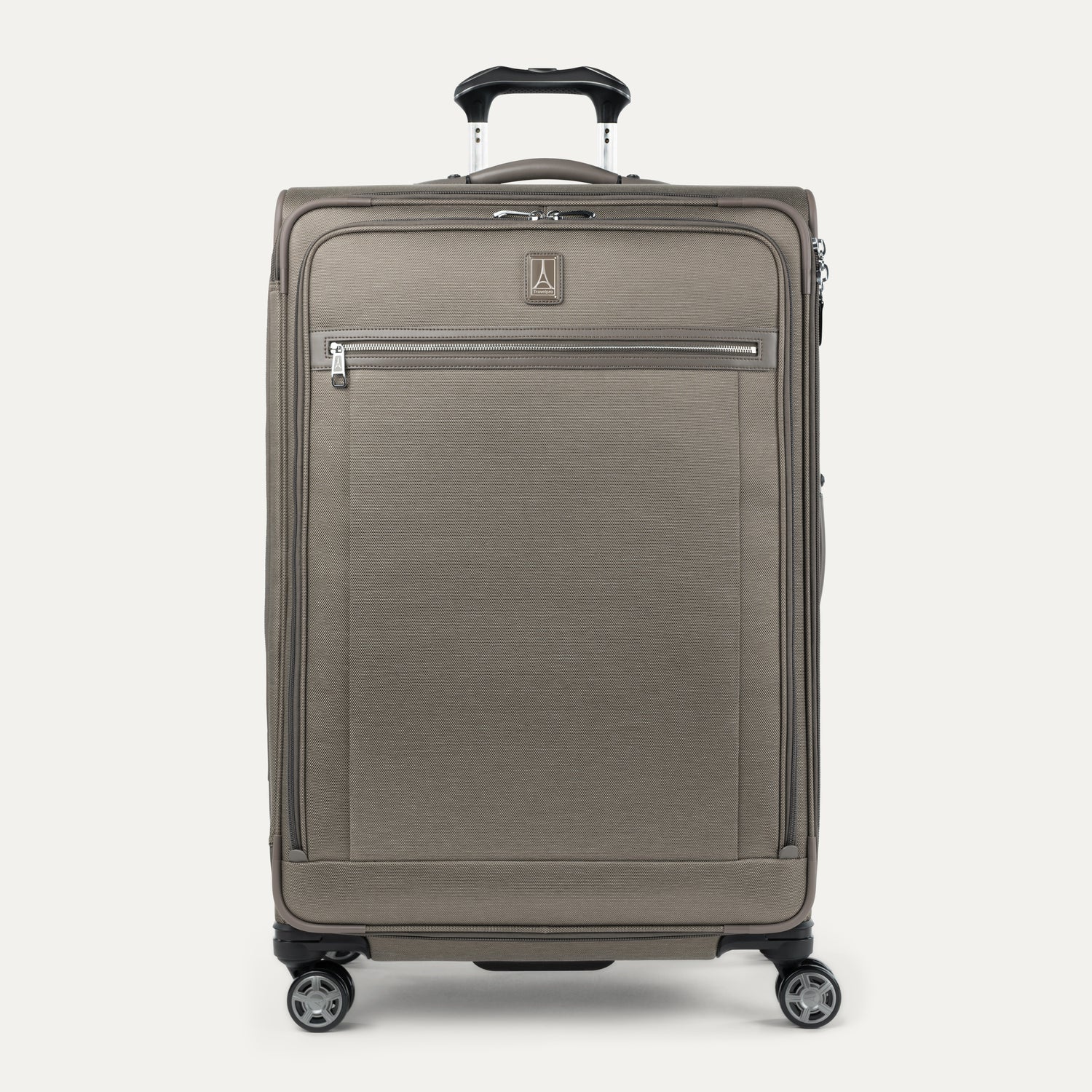 Front-facing Travelpross Platinum Elite Large Expandable Spinner in Metallic Sand, with silver zipper accents and 360° spinner wheels.
