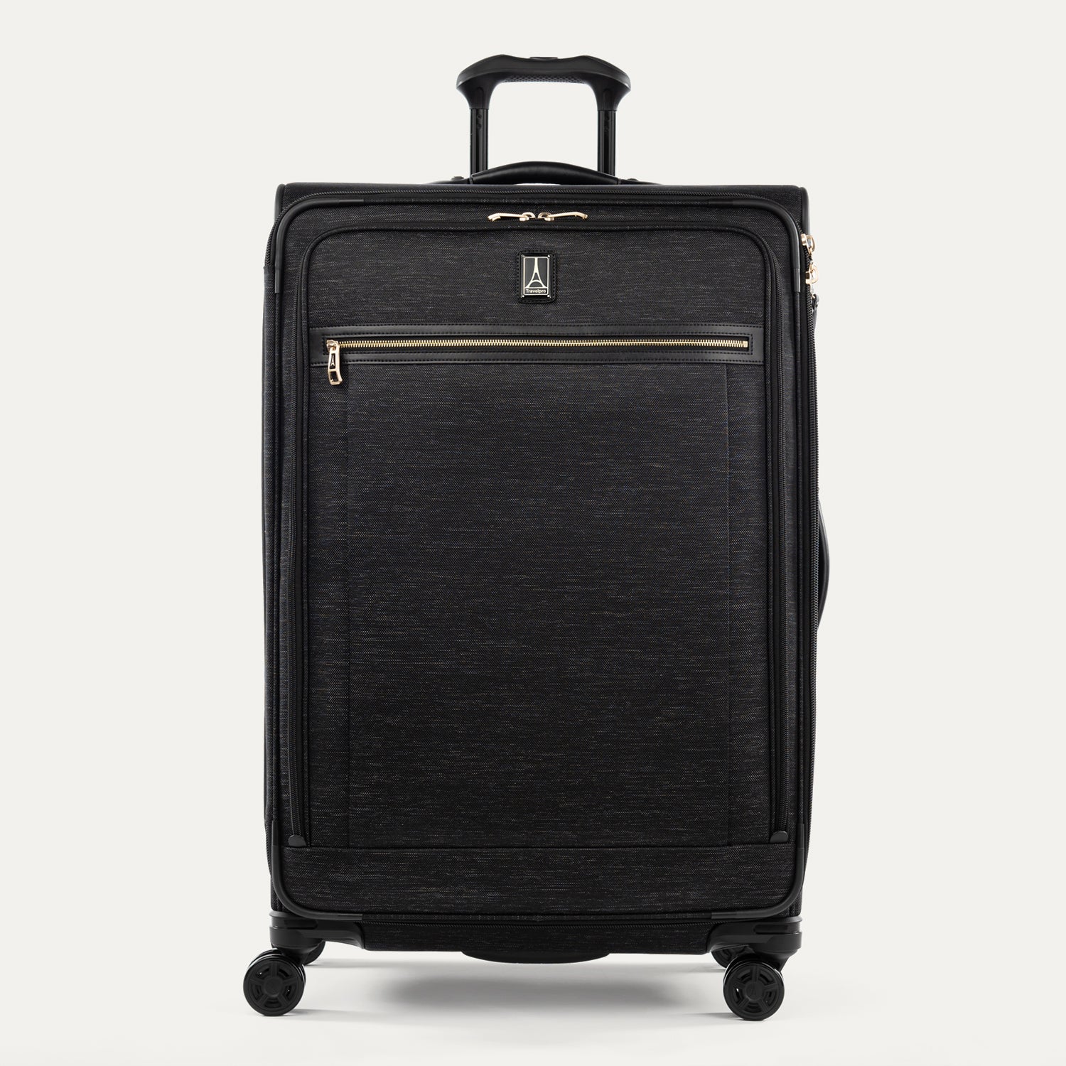 Front-facing Travelpross Platinum Elite Large Expandable Spinner in Intrigue Black, with matte black trim and spinner wheels.

