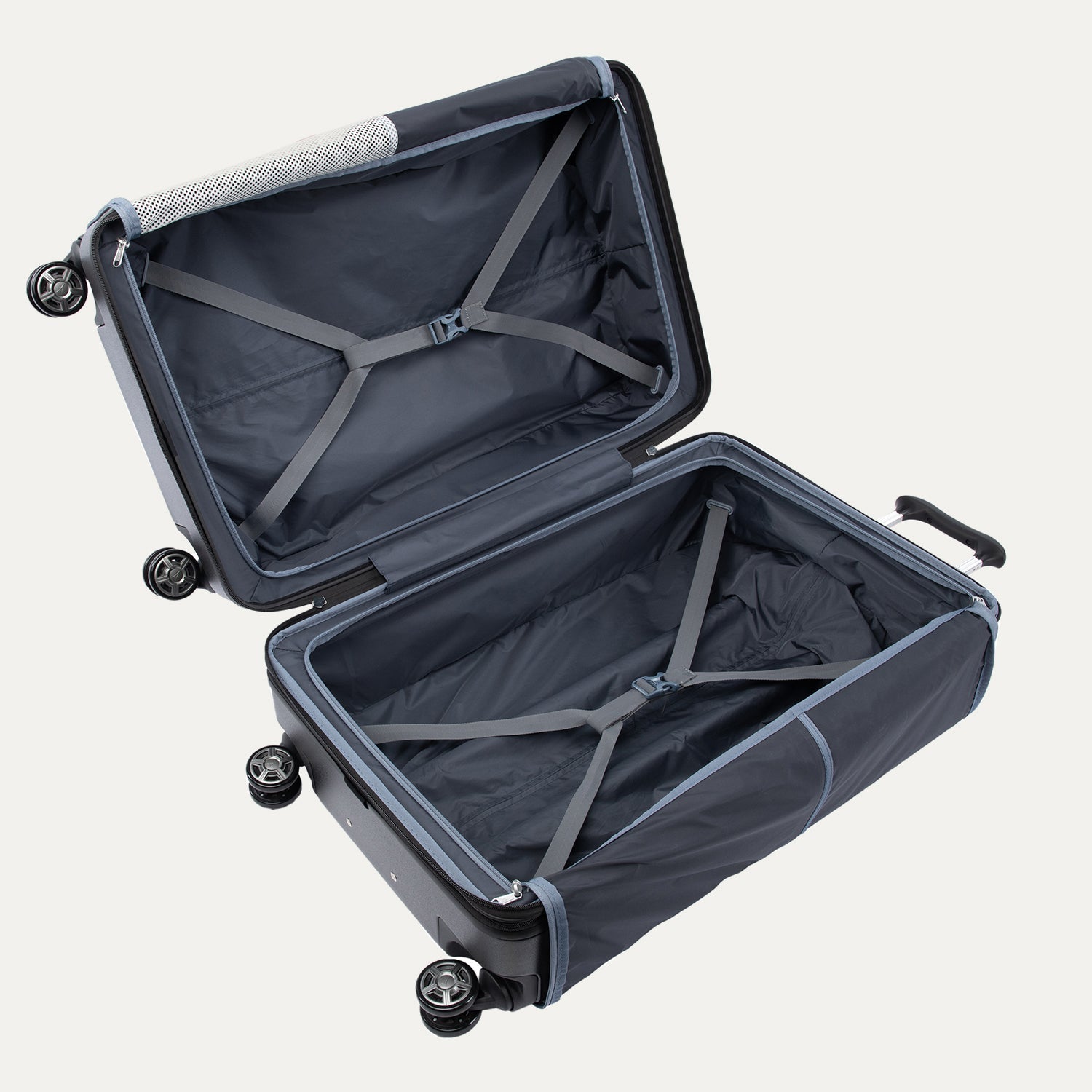 Open gray suitcase on a white background