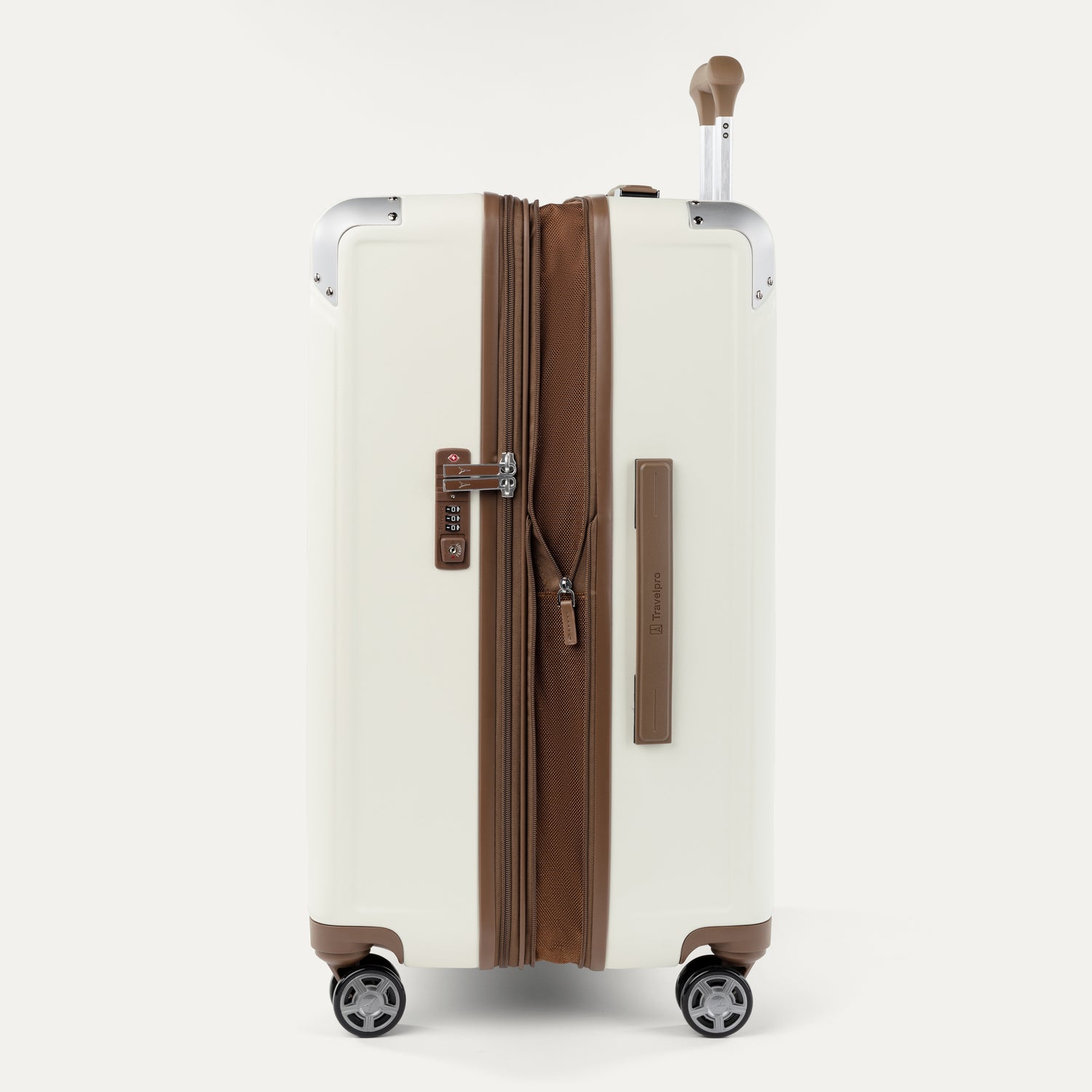 Side view of white suitcase with brown accents on a white background