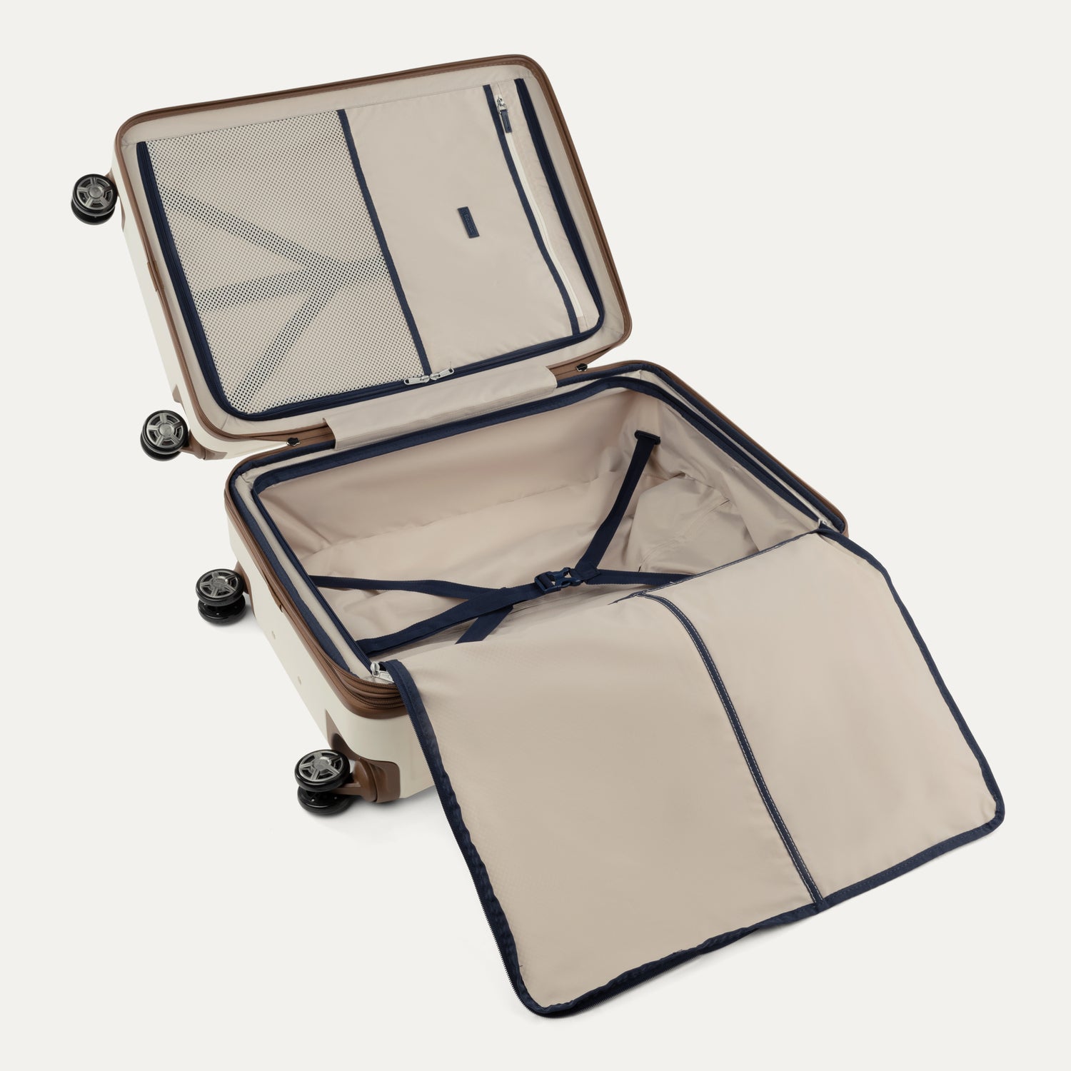 Open beige suitcase with wheels on a white background