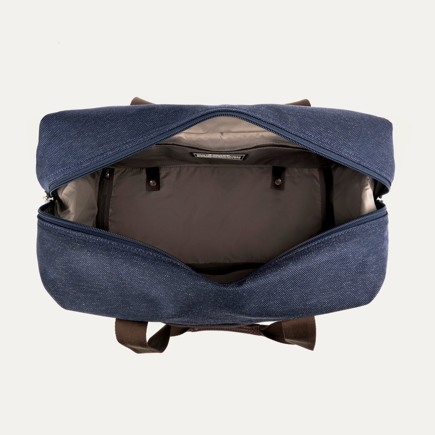 Blue duffel with open on a white background