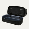 Black weekender shoe compartment open on a white background