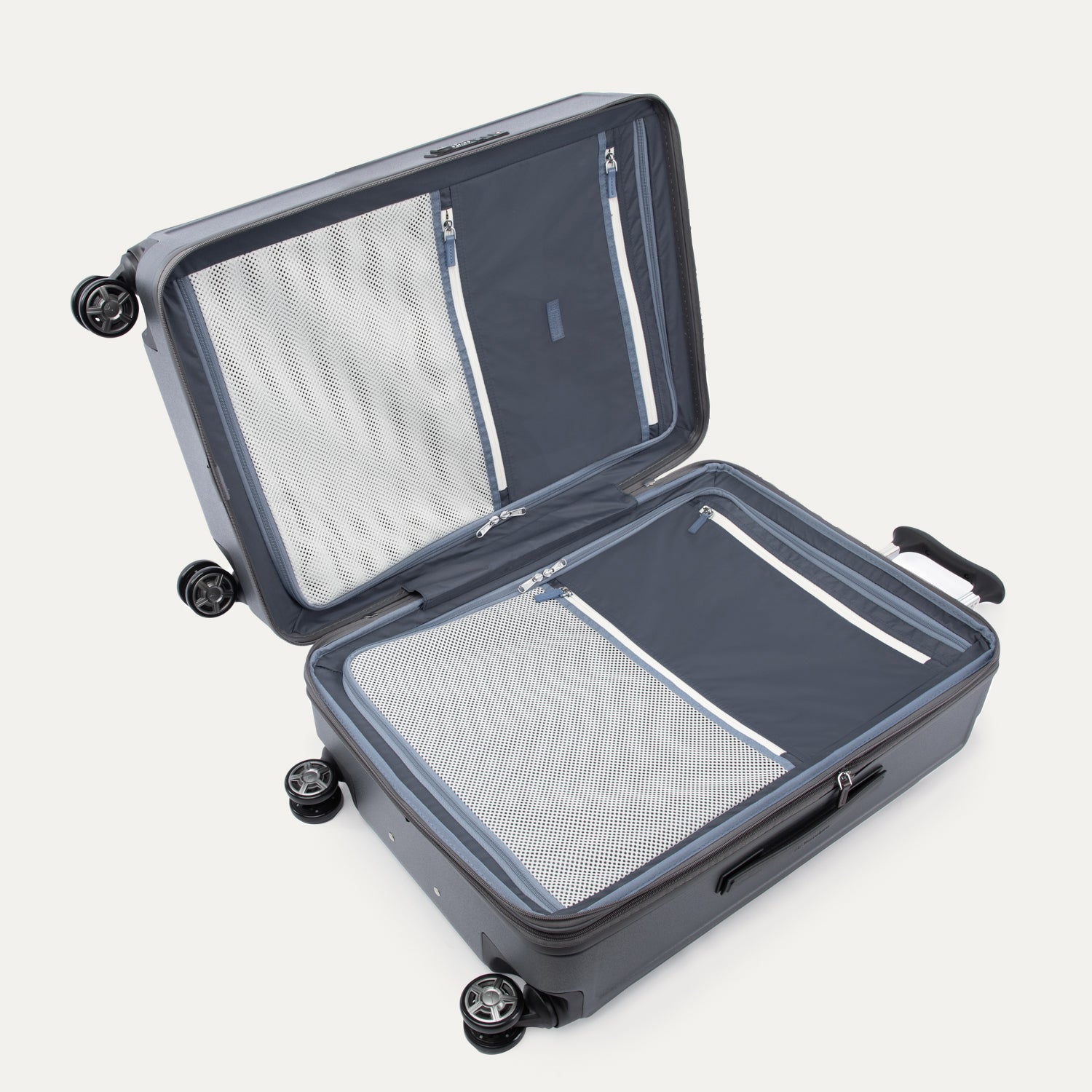Open suitcase with black wheels on a white background 