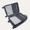 Open suitcase with wheels on a white background 