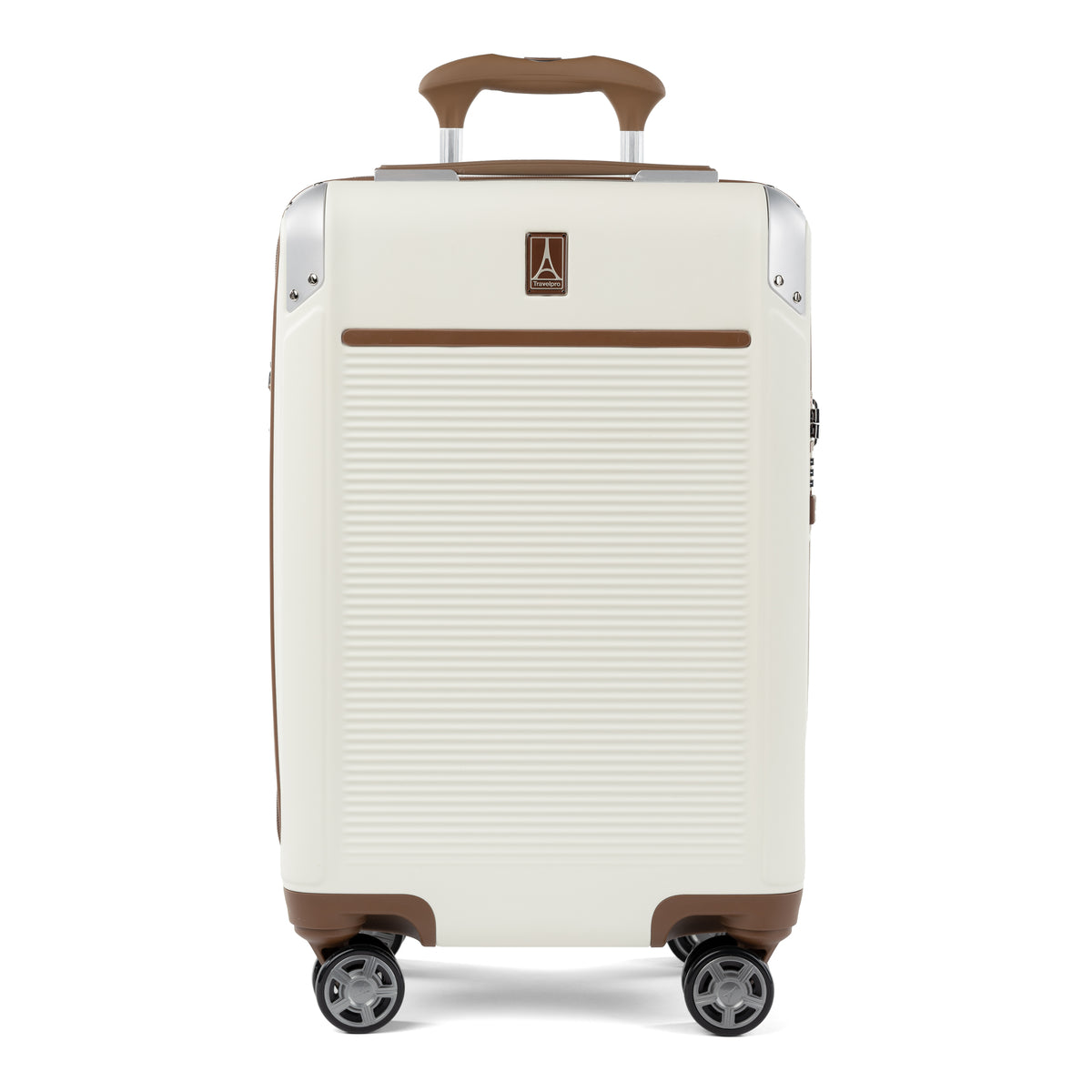 Front view of Travelpross Platinum Elite Carry-On Hardside Spinner in Cream White, featuring an ultra-strong aluminum shell and extension handle.

