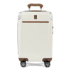 Front view of Travelpross Platinum Elite Carry-On Hardside Spinner in Cream White, featuring an ultra-strong aluminum shell and extension handle.
