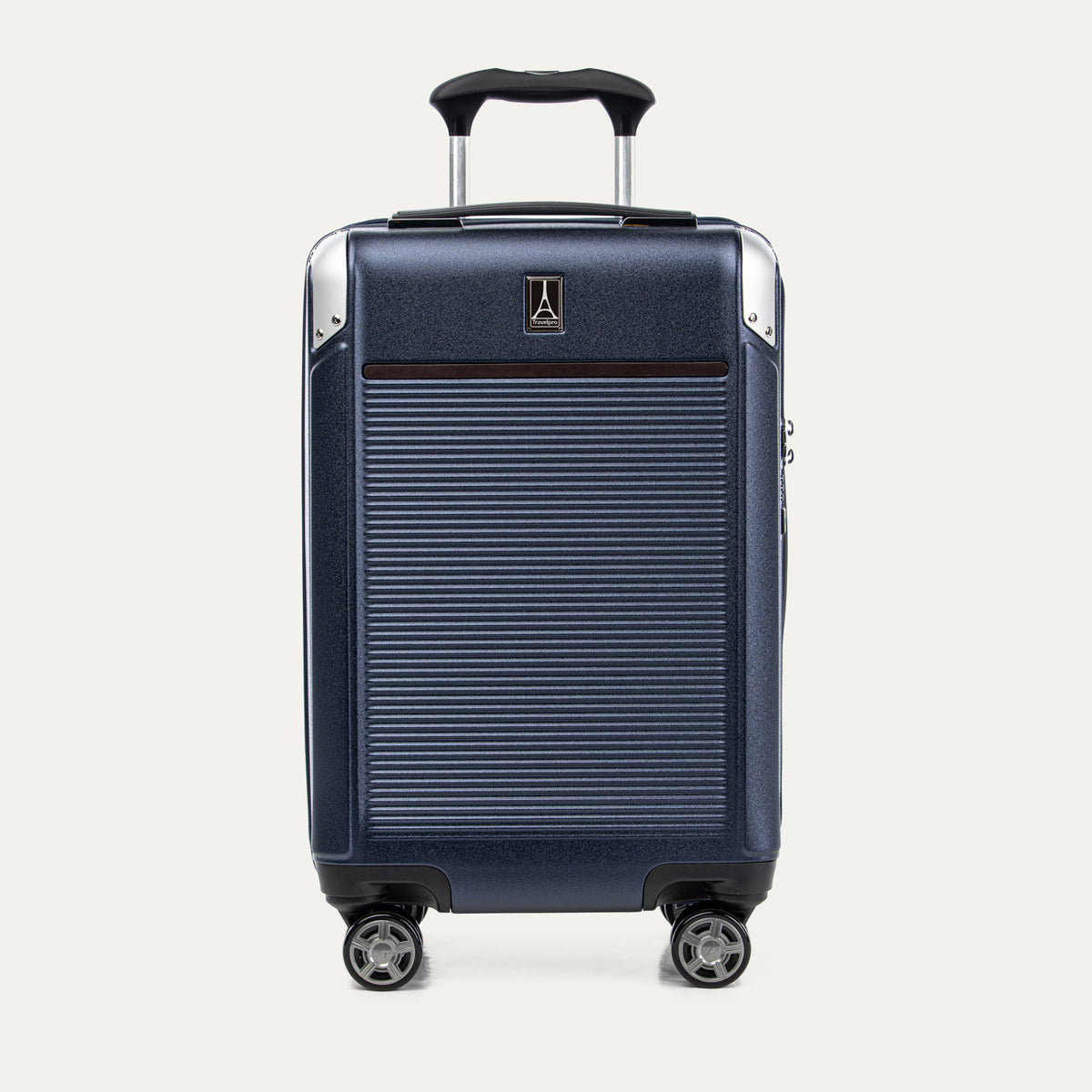 Front view of Travelpross Platinum Elite Carry-On Hardside Spinner in True Navy, featuring an ultra-strong aluminum shell and extension handle.

