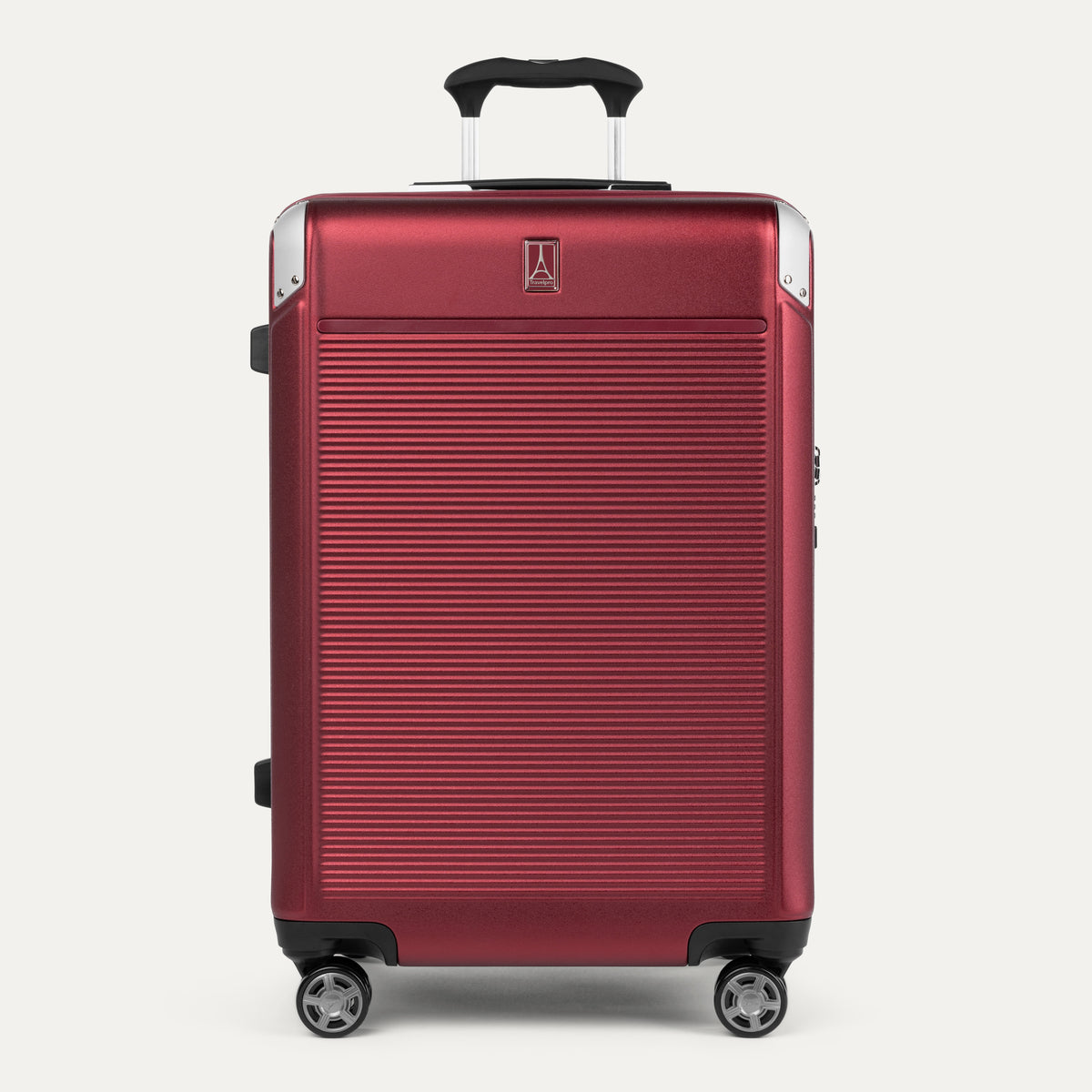 Front view of Travelpross Platinum® Elite Hardside Medium Check-In Expandable Spinner in Daring Red, featuring textured polycarbonate shell with chrome corner guards.
