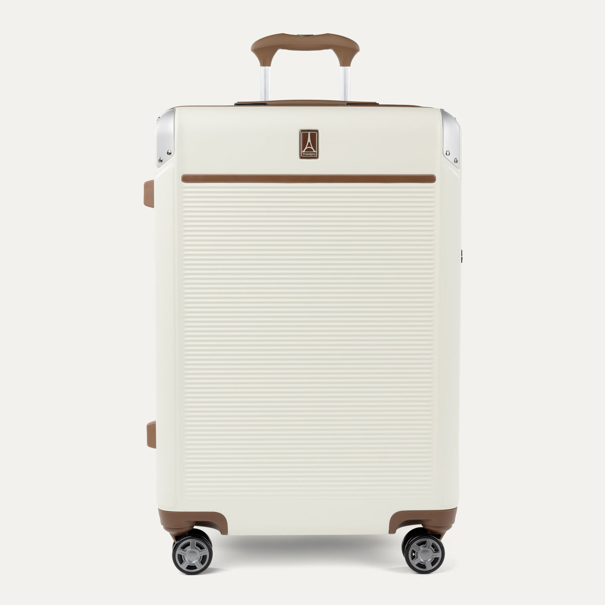 Front view of Travelpross Platinum® Elite Hardside Medium Check-In Expandable Spinner in Cream White, featuring grooved polycarbonate shell with chrome corner armor.
