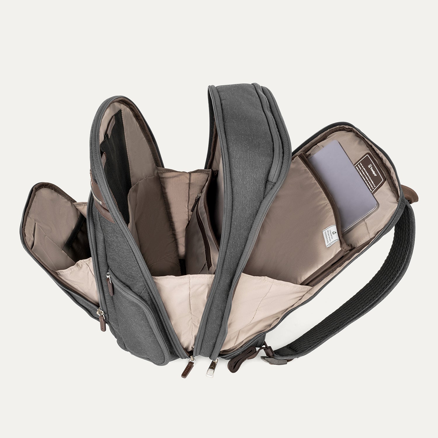 Interior view of Travelpross Platinum Elite Business Backpack in Vintage Grey, showing padded tech compartments and spacious organization.


