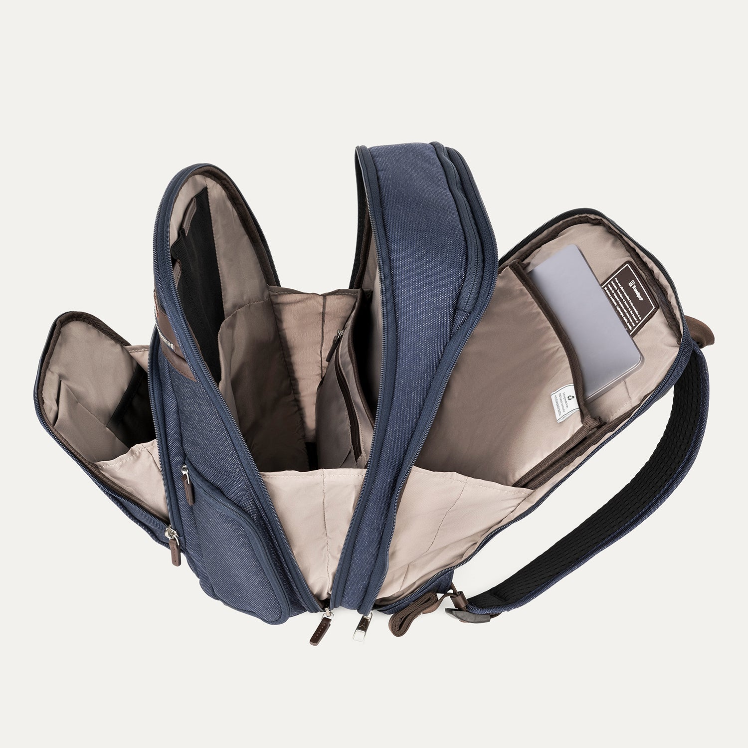 Interior view of Travelpross Platinum Elite Business Backpack in True Navy, showing padded tech compartments and spacious organization.
