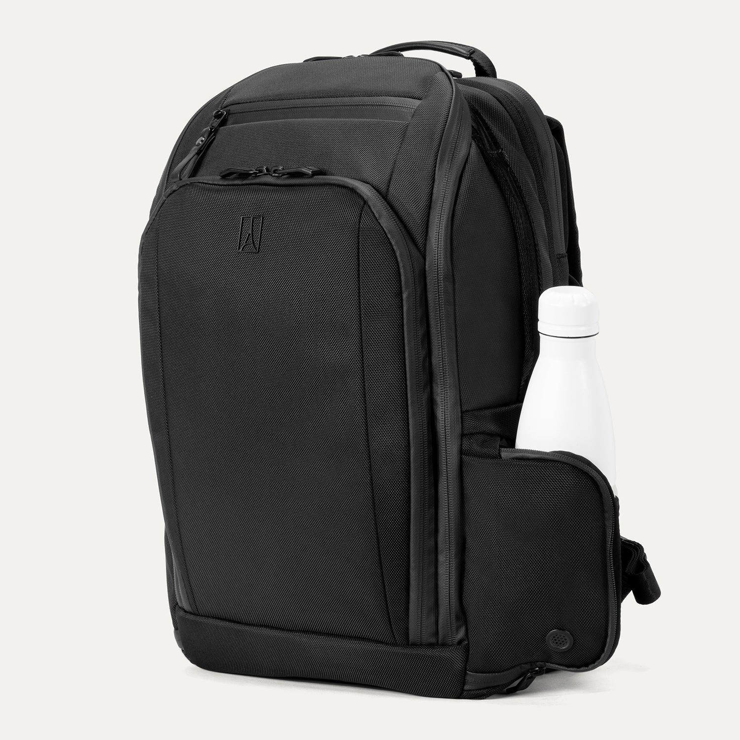 Front angle of Travelpross Altitude All-Purpose Laptop Backpack in Jet Black, showing exterior pocket with bottle storage.
