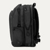 Expanded side view of Travelpross Altitude All-Purpose Laptop Backpack in Jet Black, showing zippered compartments and external gear pocket.

