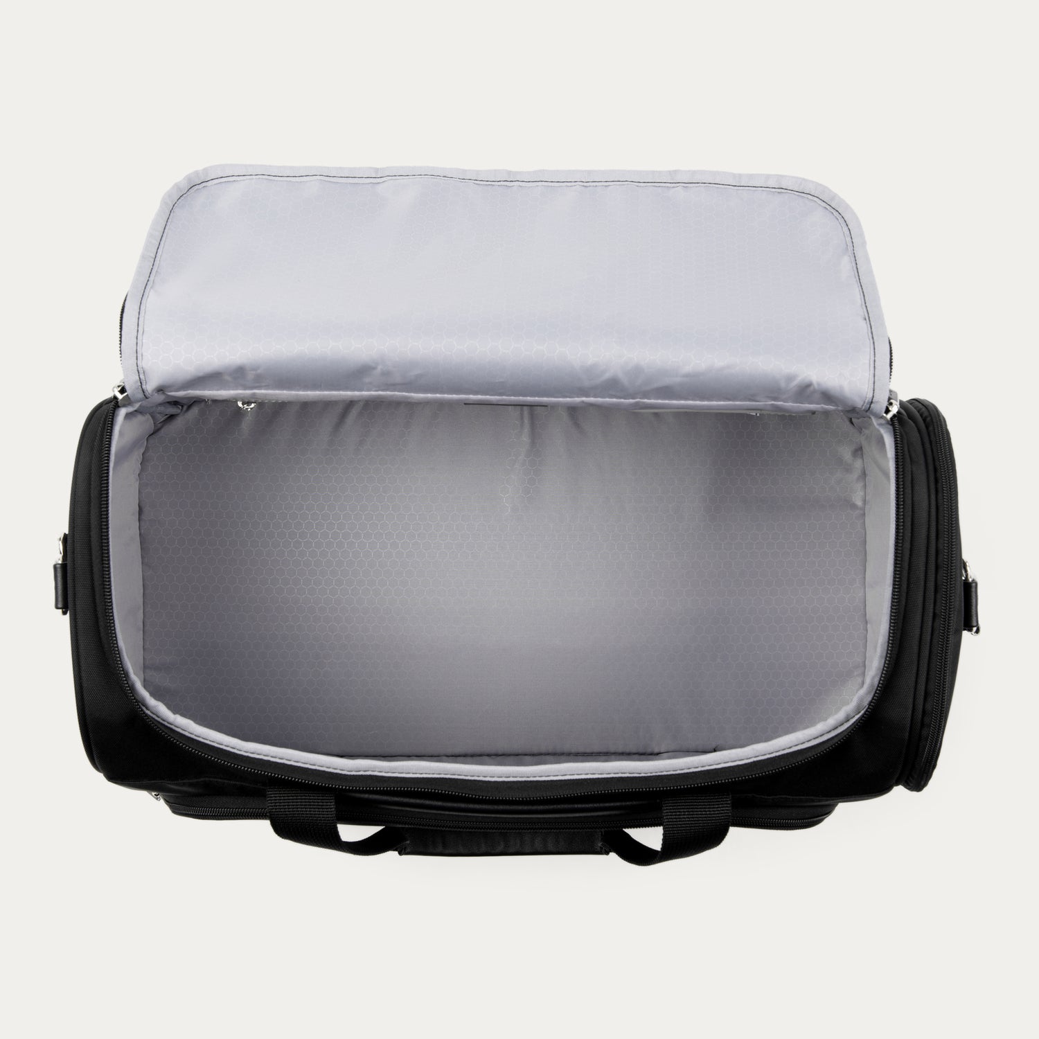 Open black weekender with gray interior on a white background