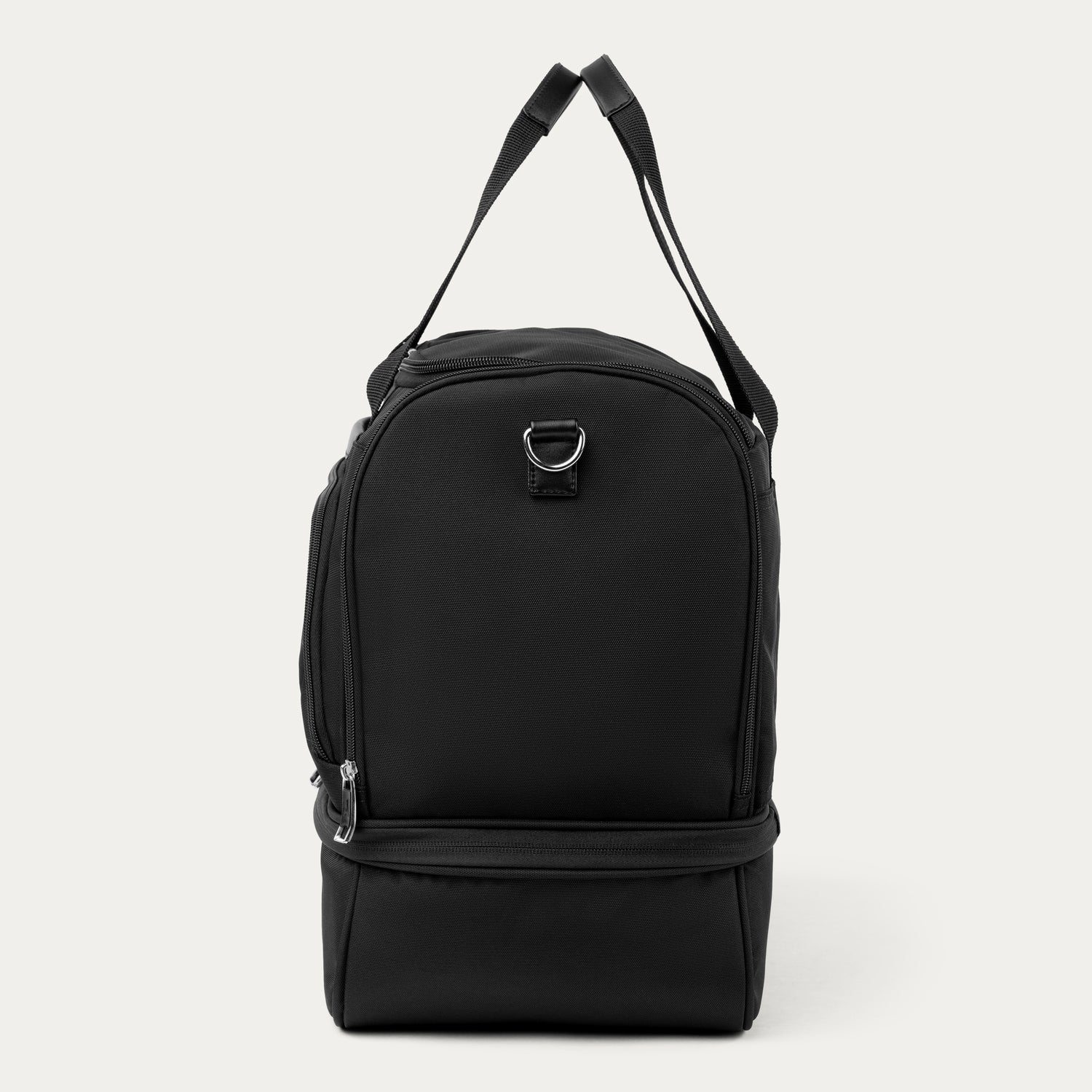 Side view of black weekender on a white background