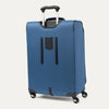 Blue suitcase with black handle and wheels on a white background