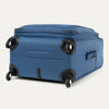 Blue suitcase with black wheels on a white background