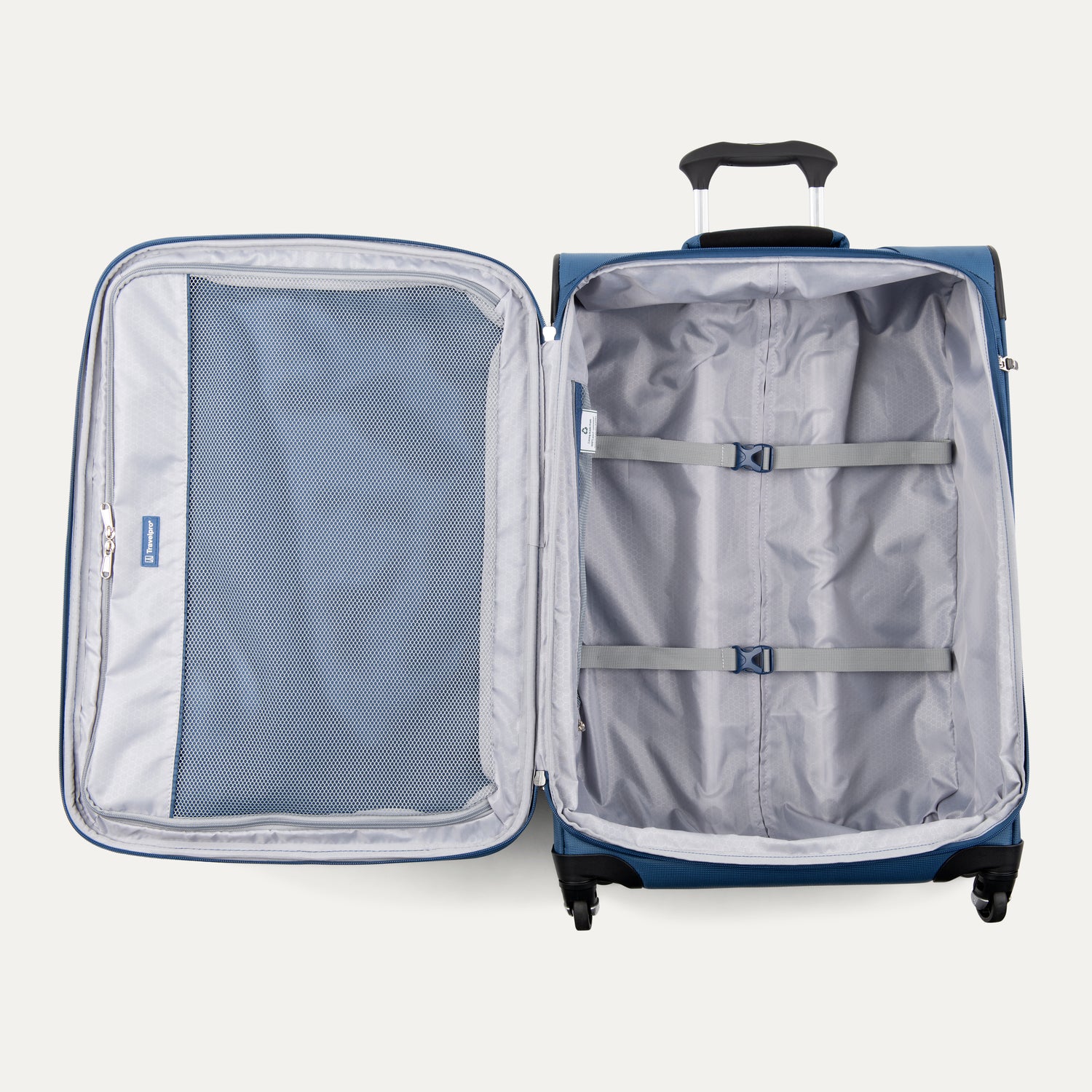 Open blue suitcase with interior compartments on a white background