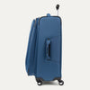 Side view of blue suitcase with handle extended on a white background
