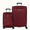 A set of two red spinner suitcases, one carry-on and one medium check-in size, with the Travelpross logo on the front.