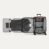Open red suitcase with fold-out suiter on a white background