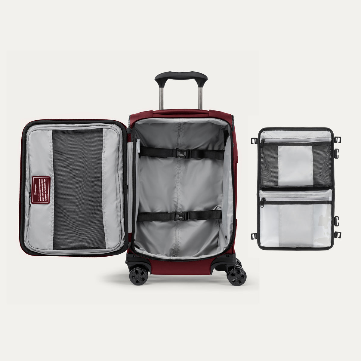 Open suitcase featuring packing organizer on a white background